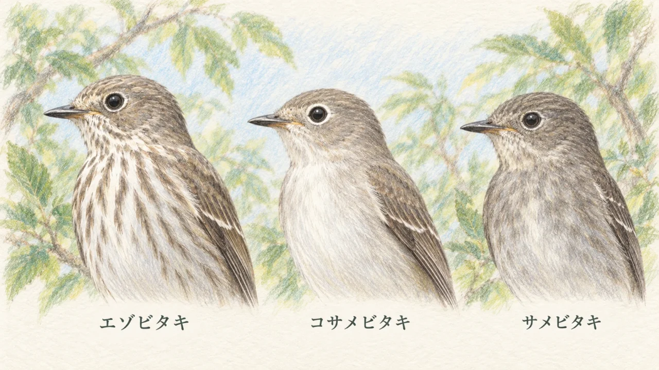 エゾビタキ、コサメビタキ、サメビタキを左から並べ、胸の縦斑・白さ・暗さを比較した色鉛筆画