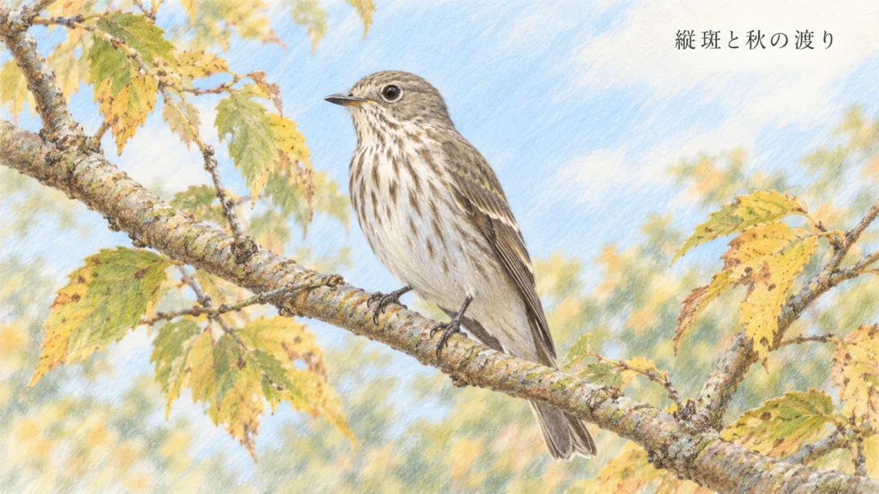 淡い秋の葉に囲まれた枝にとまるエゾビタキ。胸の縦斑と長い翼を描いた色鉛筆画