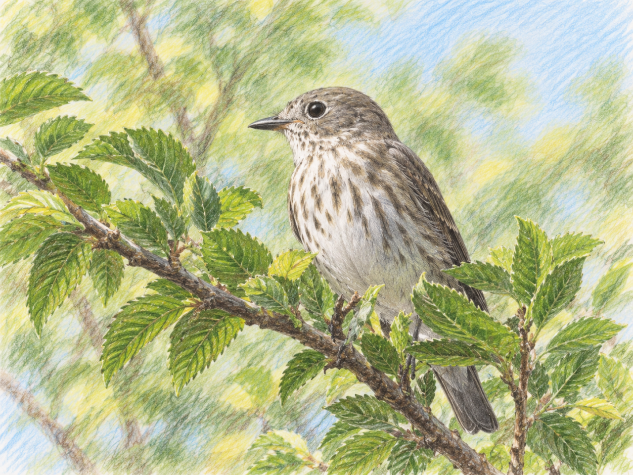 緑の葉が茂る枝にとまり、白い胸の縦斑を見せるエゾビタキの色鉛筆画