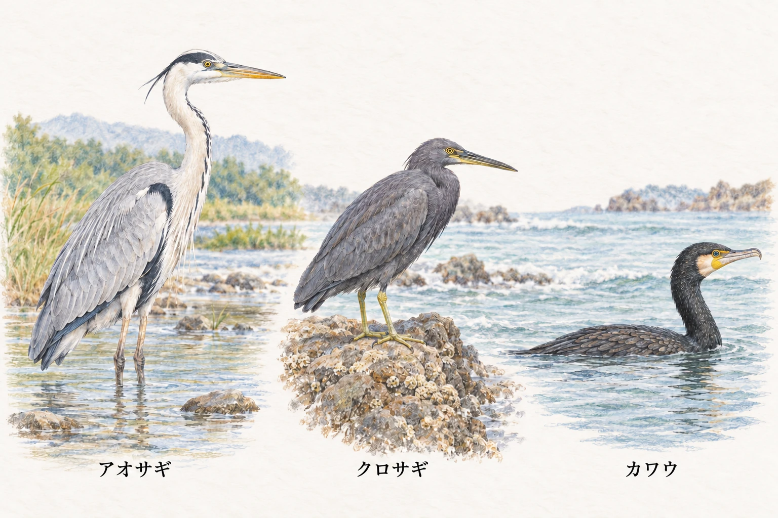 アオサギ・クロサギ・カワウの姿勢と体色の違い