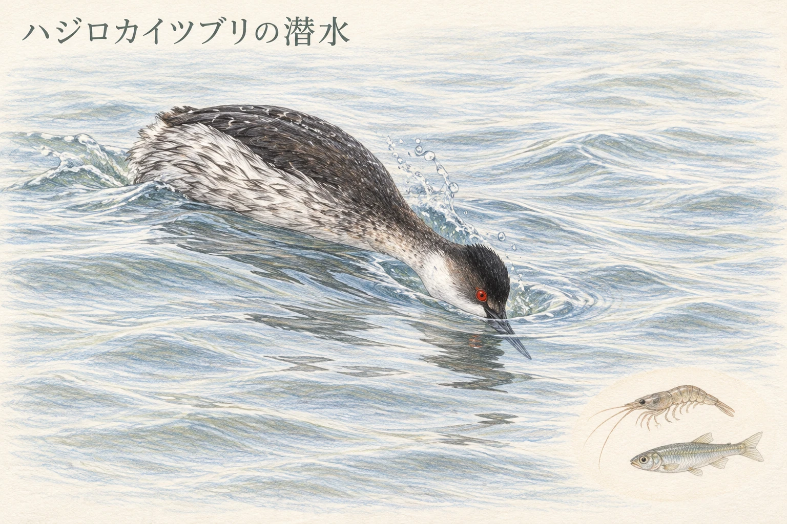 潜水するハジロカイツブリと餌になる小動物を描いたイラスト