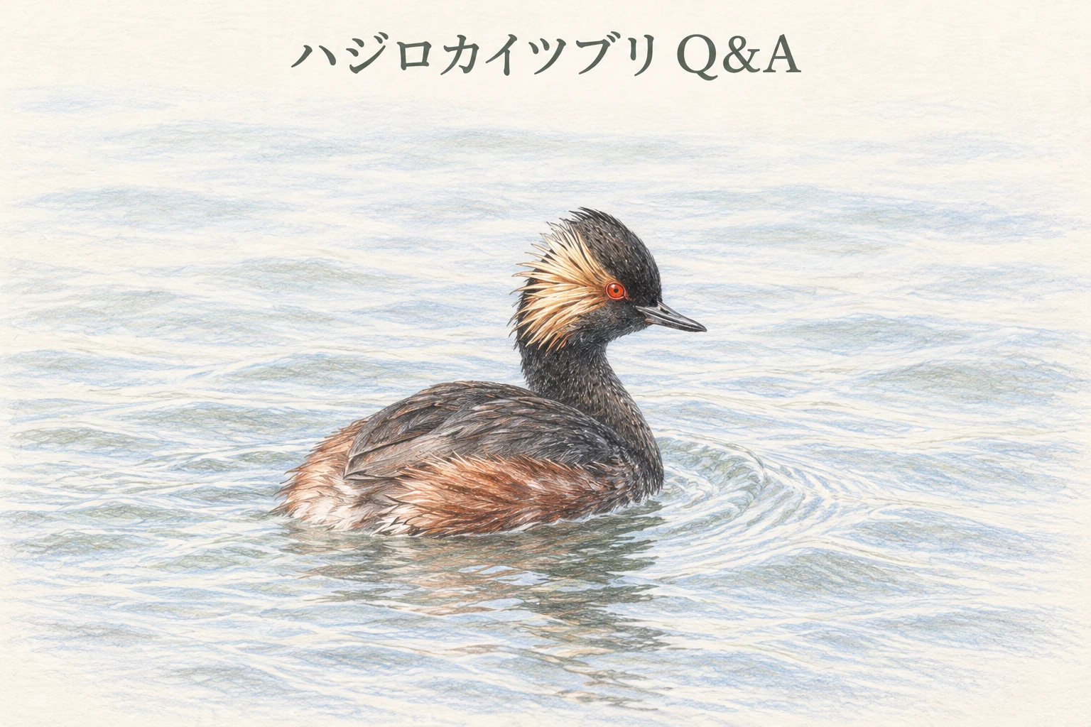 金色の飾り羽と赤茶色の脇腹が見える夏羽のハジロカイツブリのイラスト