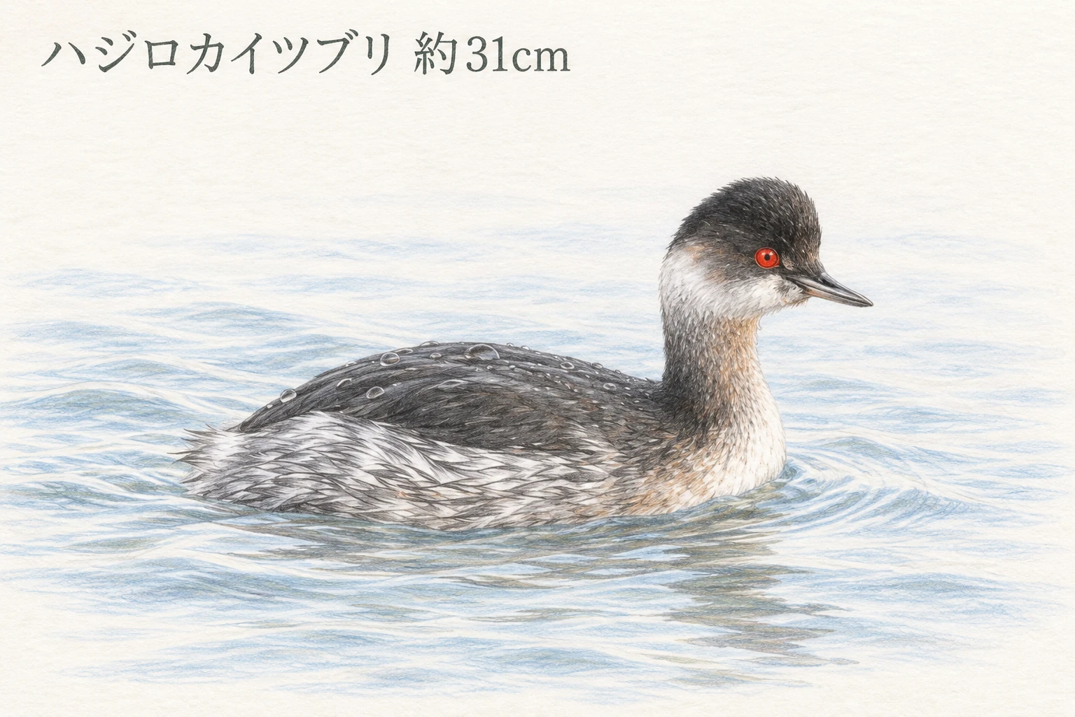 全長約31cmのハジロカイツブリの体形を横から描いたイラスト