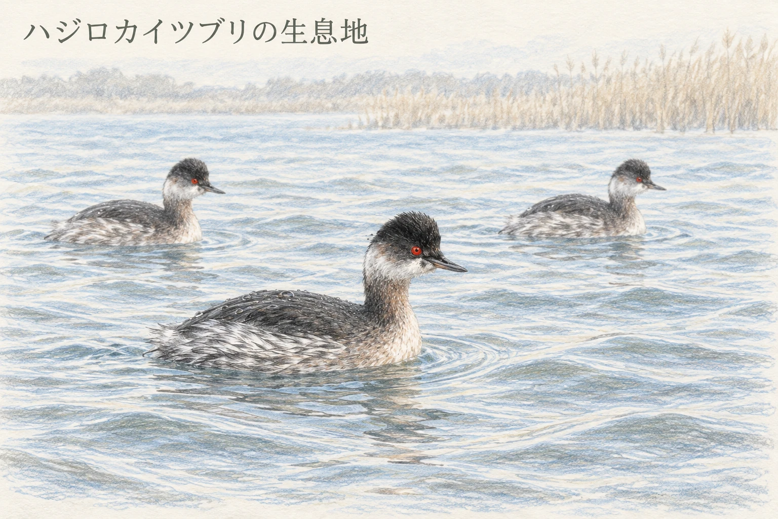 冬の河口や湖の水面に浮かぶハジロカイツブリの小群のイラスト