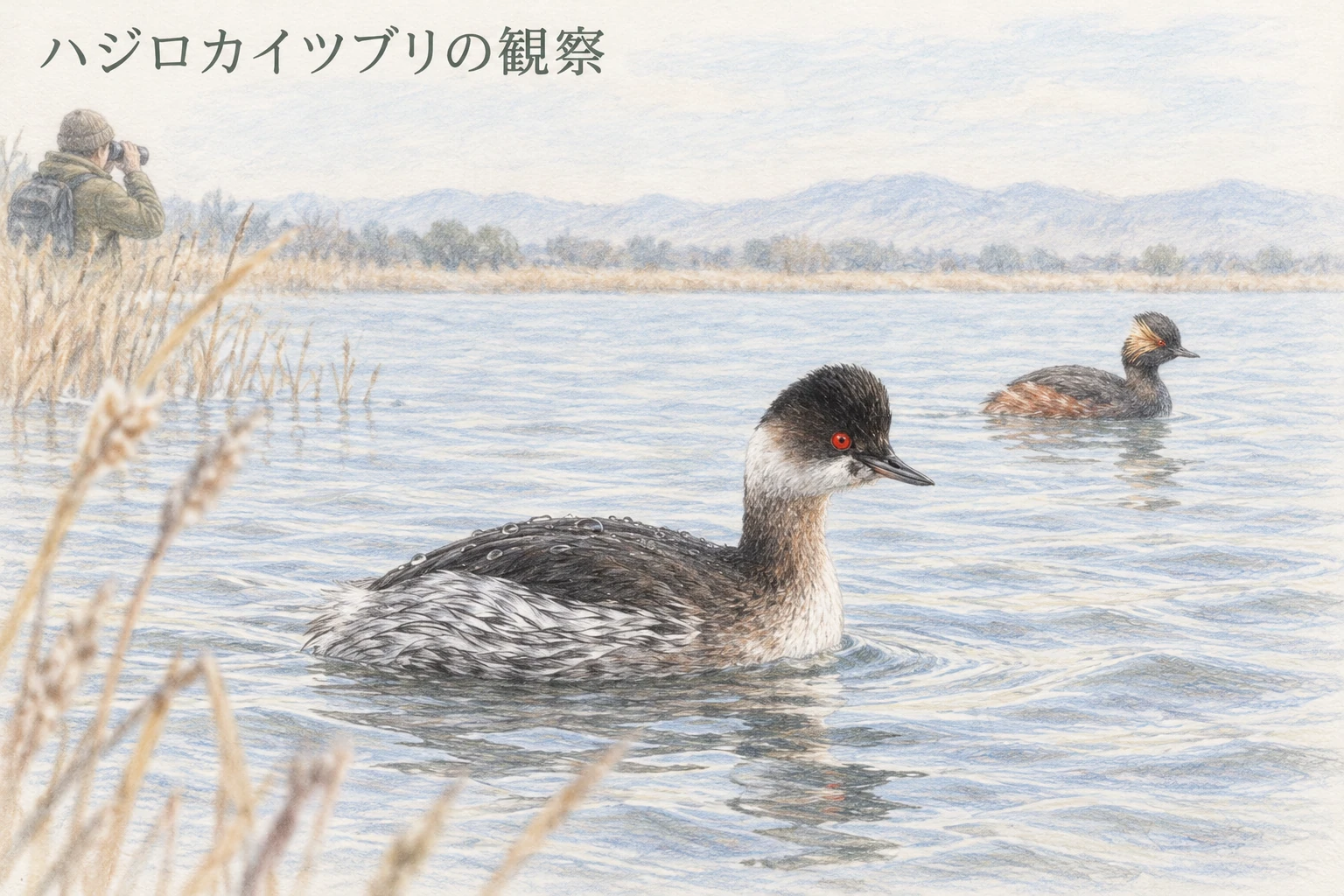 双眼鏡で観察する人と冬羽・夏羽のハジロカイツブリを描いたイラスト