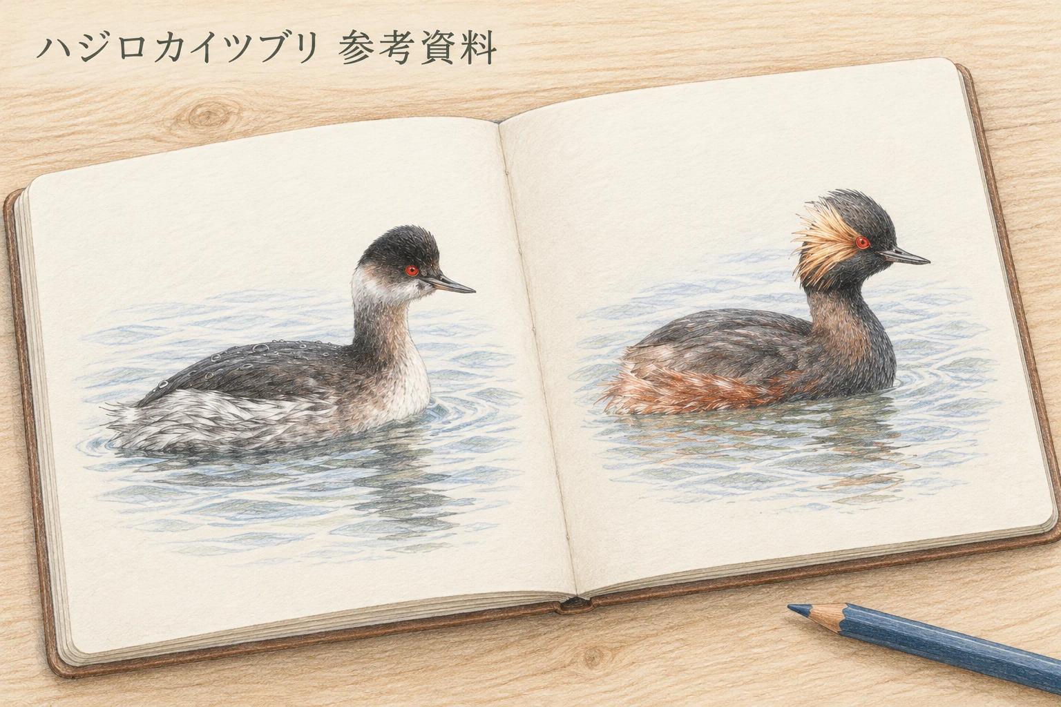 冬羽と夏羽のハジロカイツブリを描いた野鳥図鑑と色鉛筆のイラスト