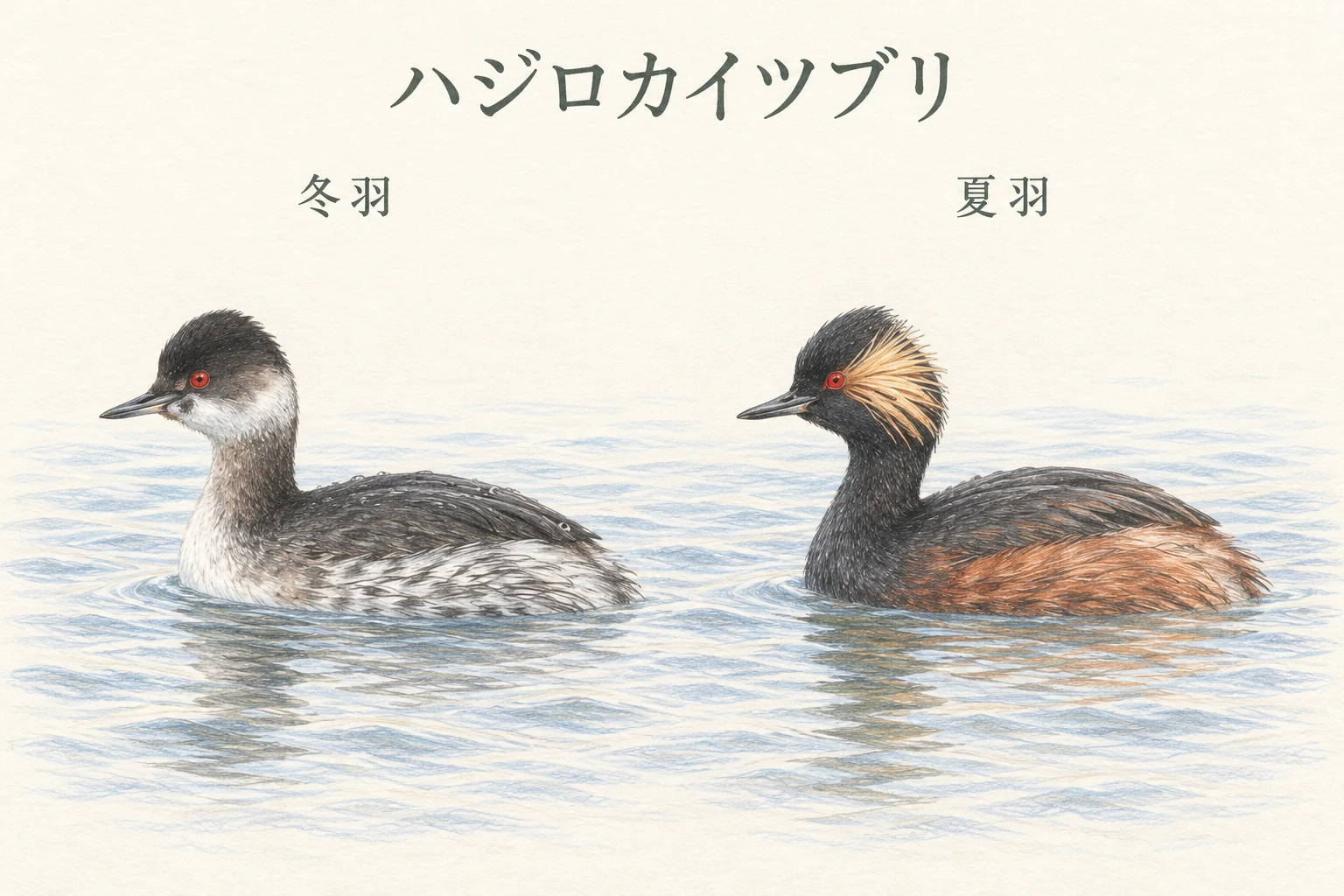 ハジロカイツブリの冬羽と夏羽の頭部と脇腹の違いを比較したイラスト