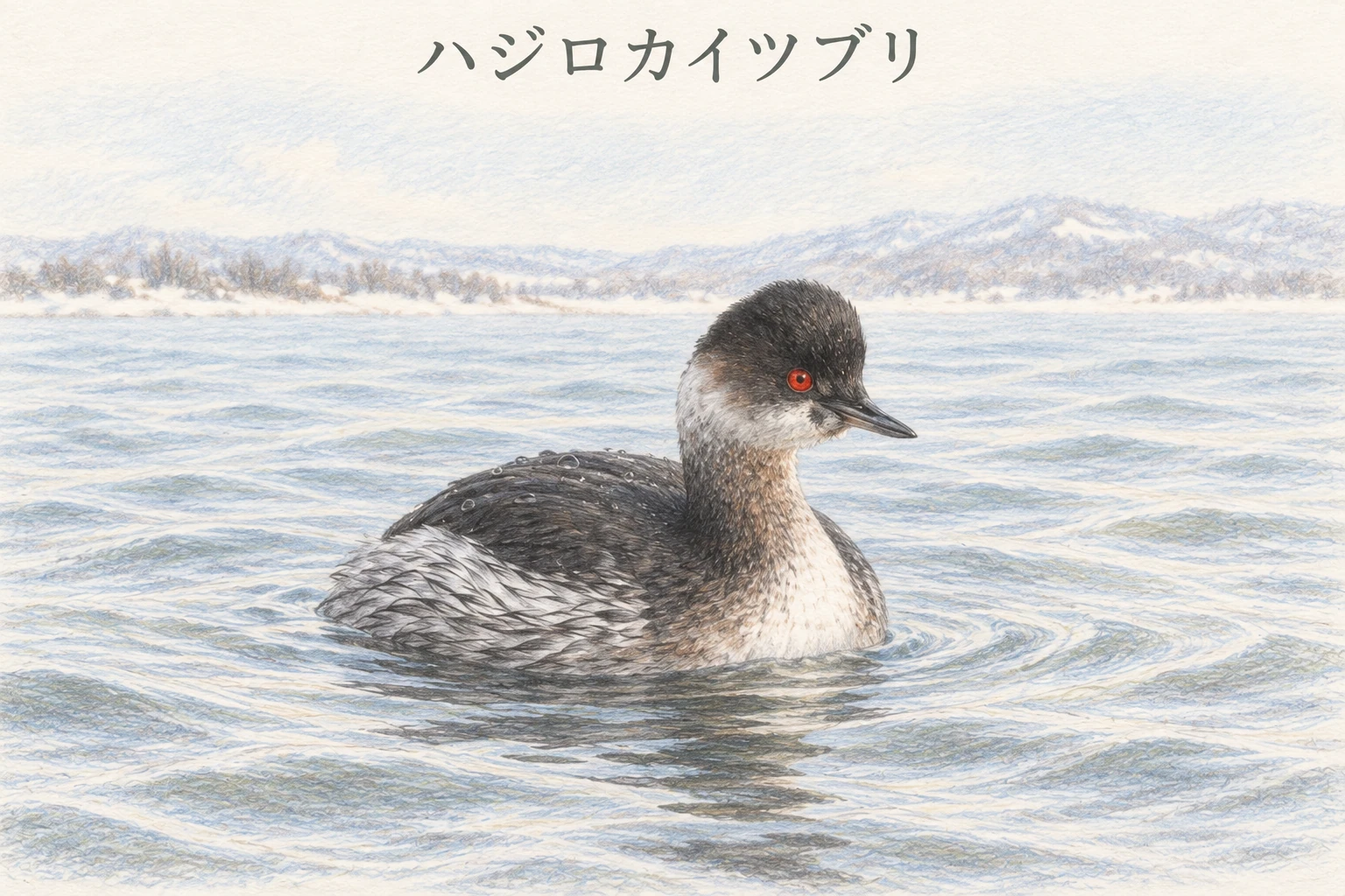 冬羽のハジロカイツブリが水面を泳ぐ淡い色鉛筆画
