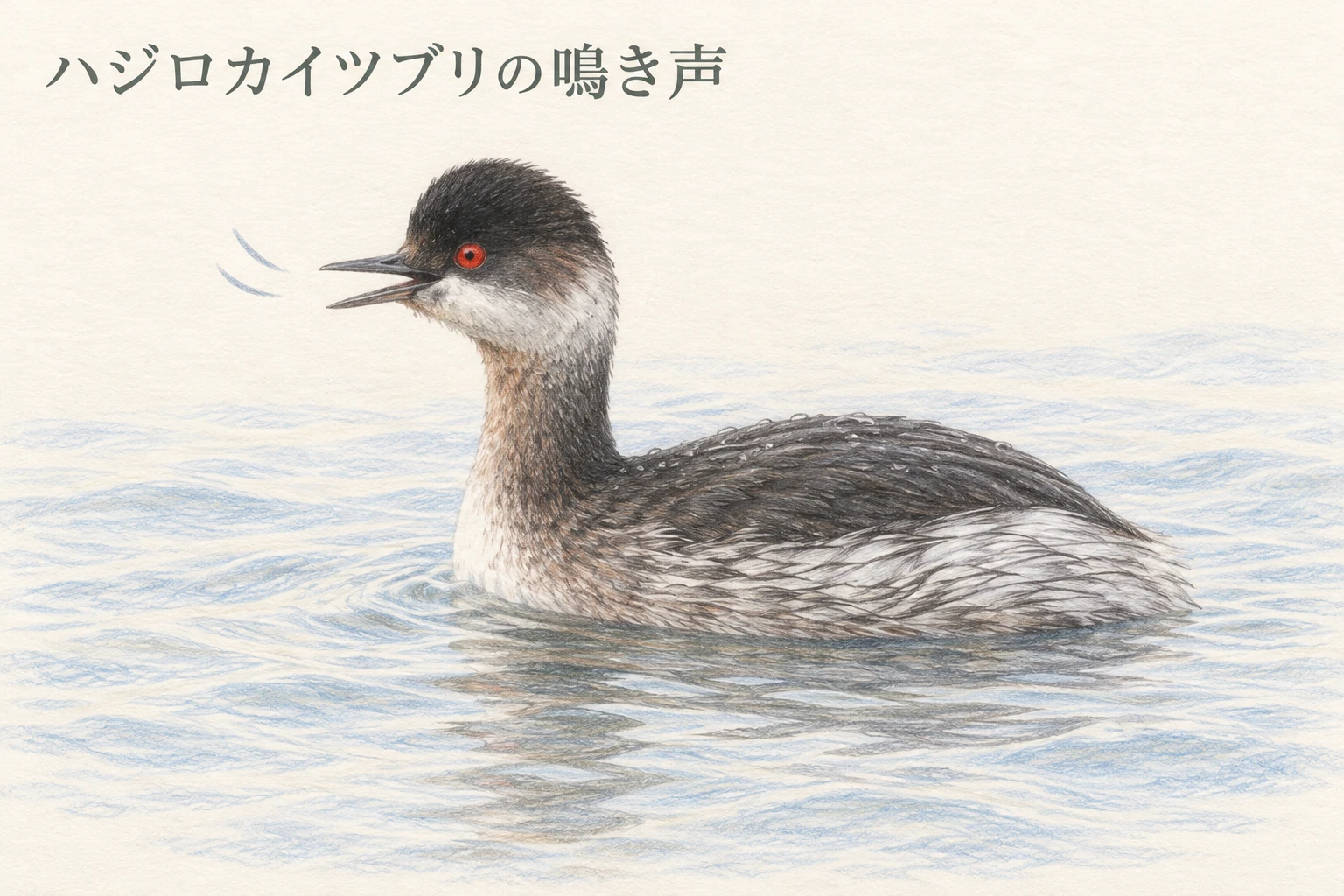 くちばしを少し開いて鳴くハジロカイツブリの冬羽のイラスト