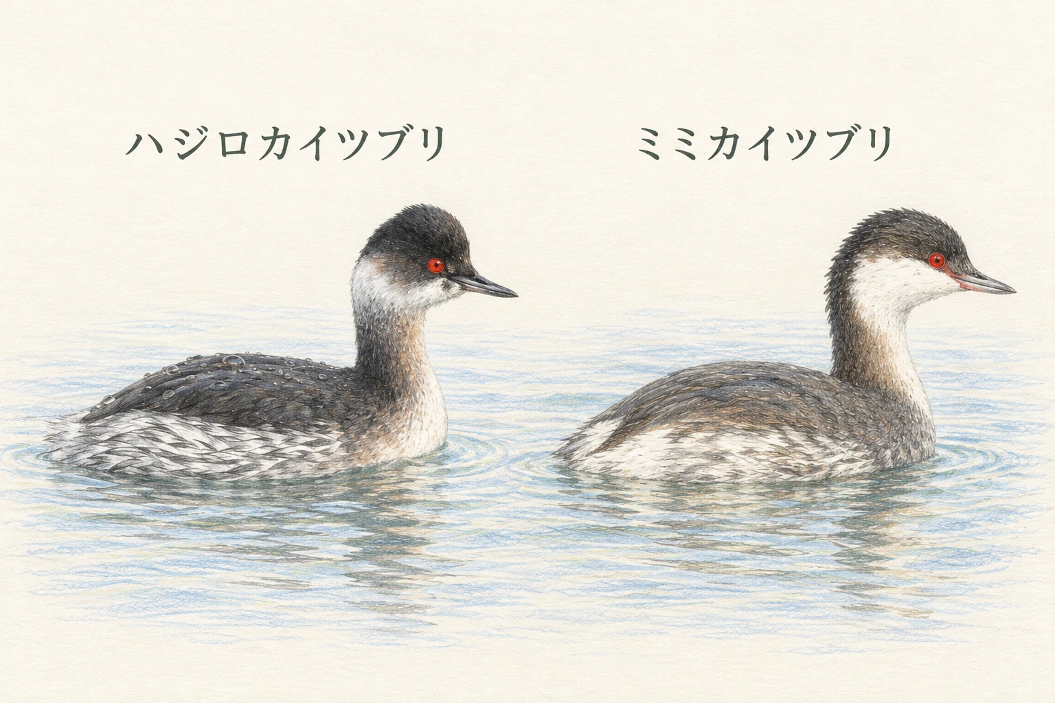 冬羽のハジロカイツブリとミミカイツブリの頬とくちばしを比較したイラスト