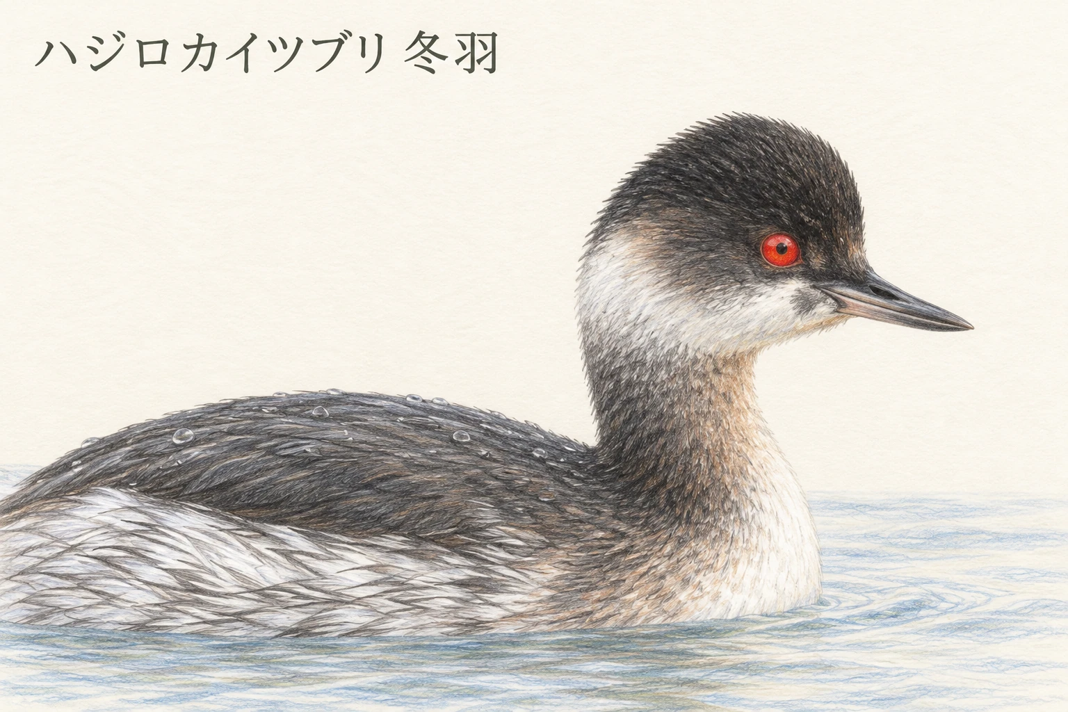 冬羽のハジロカイツブリの赤い目と頬の灰色、細いくちばしを描いたイラスト