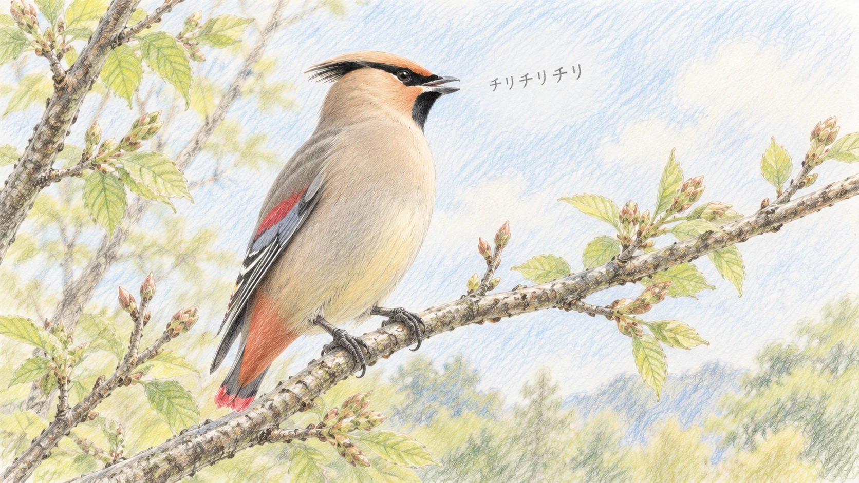枝で小さくくちばしを開いて鳴くヒレンジャク。「チリチリチリ」の地鳴きのイメージ。