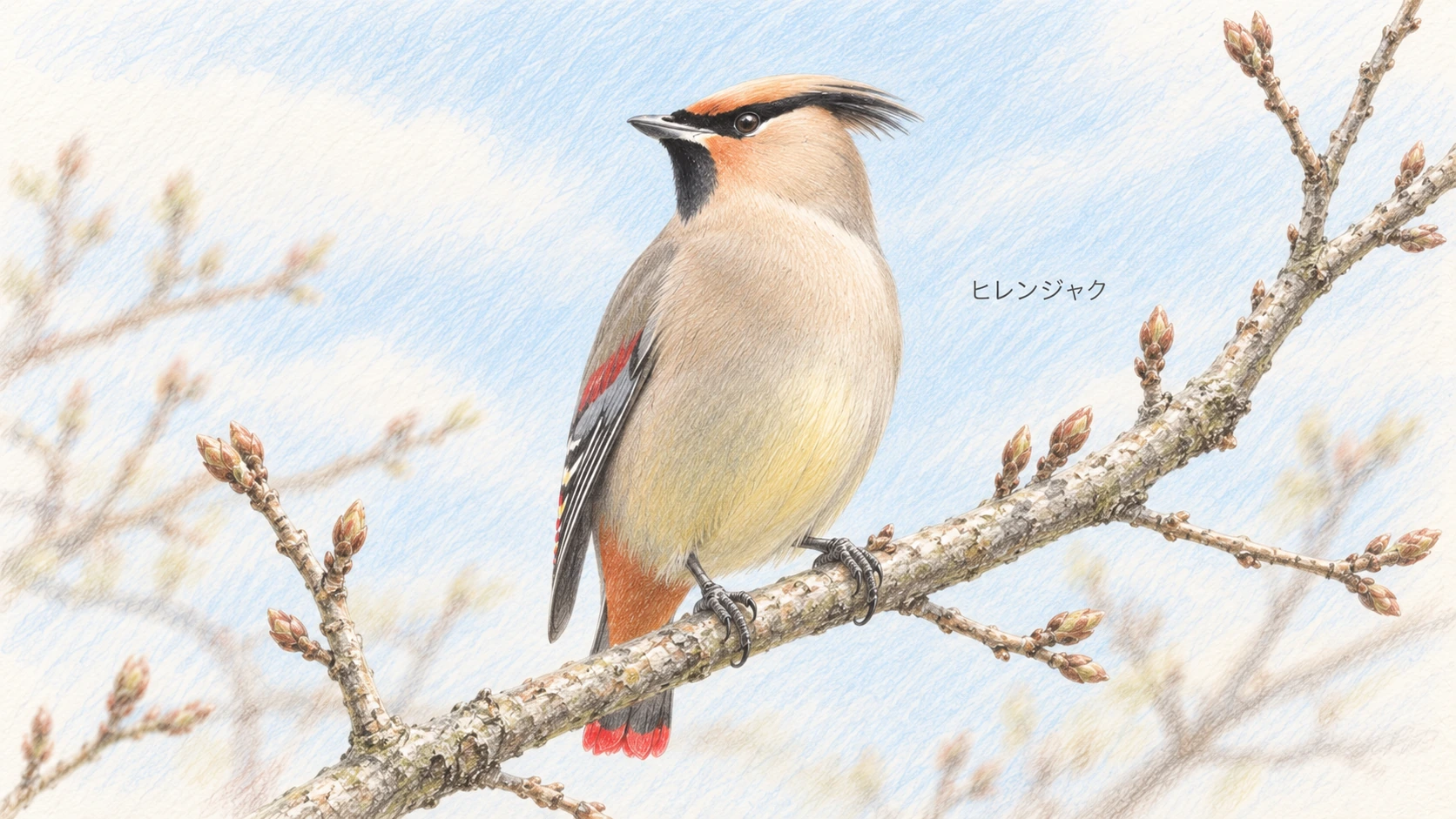 芽吹き始めた枝にとまるヒレンジャク。黒い過眼線と冠羽、赤い尾先が見える。
