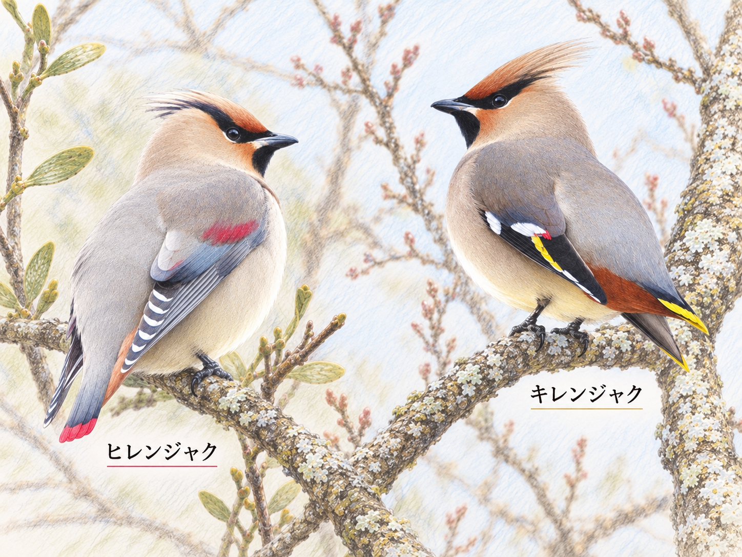 ヒレンジャクとキレンジャクの比較。左は尾先が赤いヒレンジャク、右は尾先が黄色いキレンジャク。