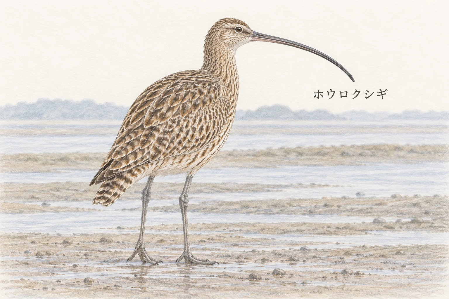 褐色の腰と非常に長いくちばしが特徴のホウロクシギ