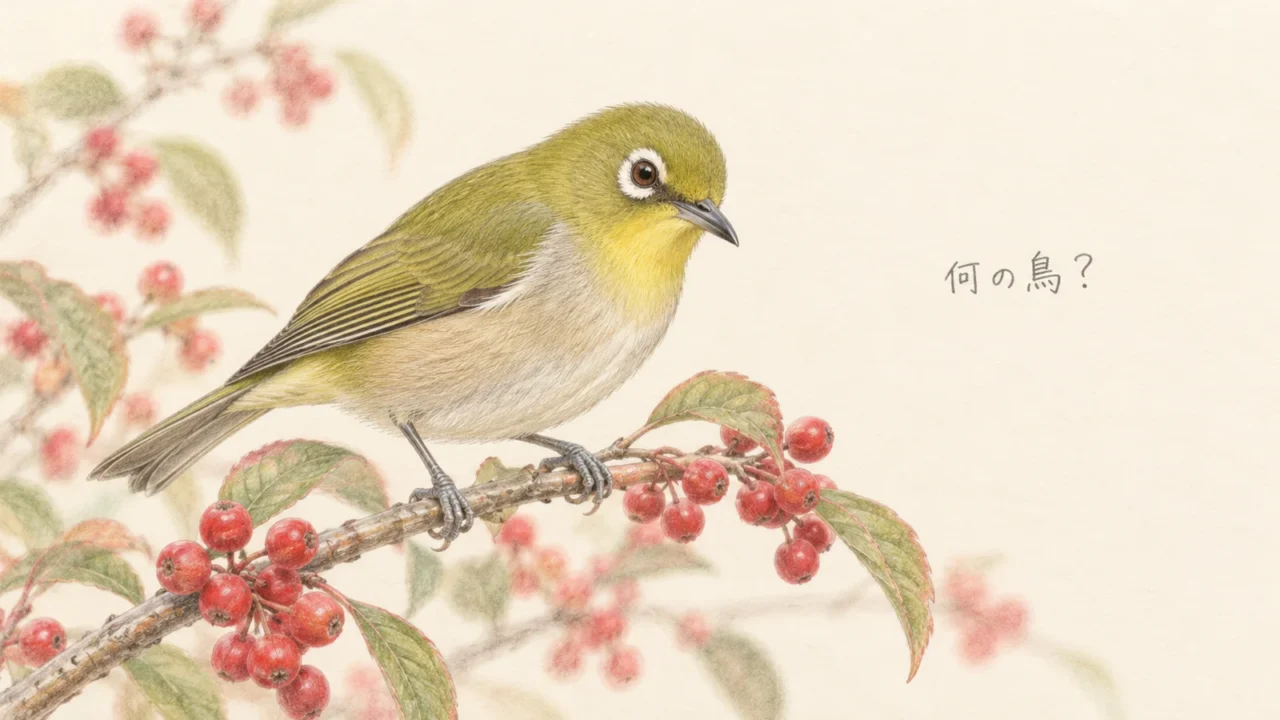 実のそばで首を少し傾け、白い目の輪と細いくちばしが見えるメジロの色鉛筆画