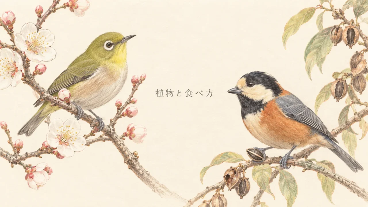 ウメの花に顔を近づけるメジロと、枝で種子を押さえるヤマガラの特徴を描いた色鉛筆画