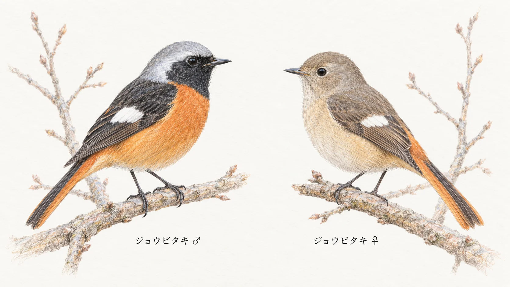 翼の白斑とオレンジ色の尾を比べるジョウビタキのオスとメスの色鉛筆イラスト
