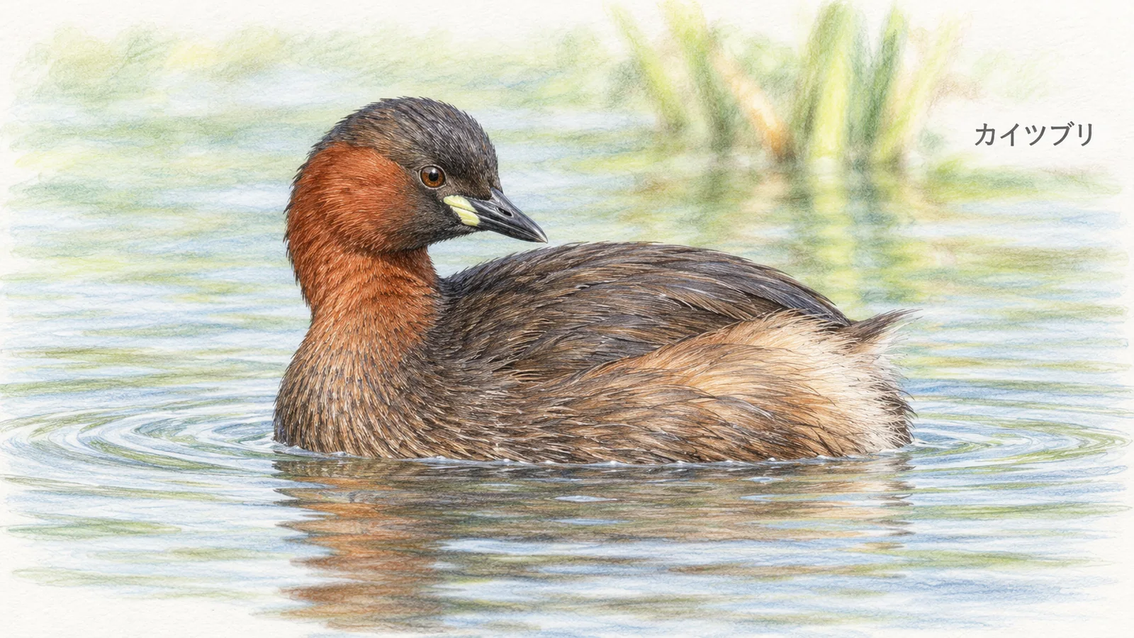 赤褐色の首と短い尾、小さくとがったくちばしを持つ夏羽のカイツブリ