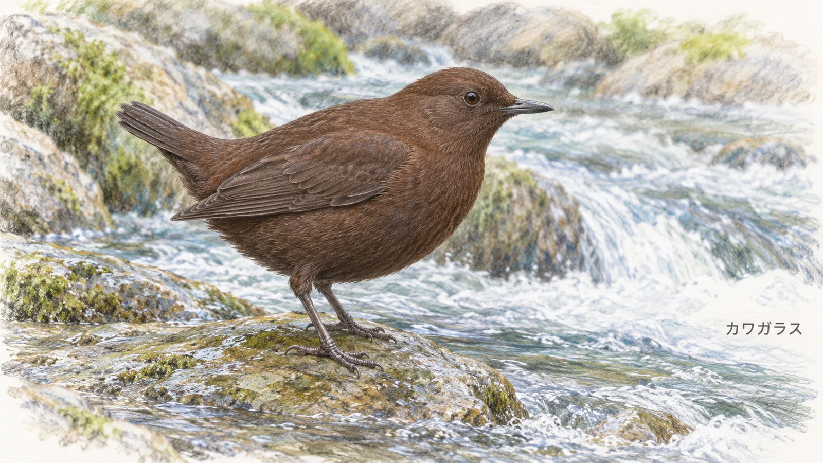 流れの速い川の石に立つ、全身がこげ茶色で尾の短いカワガラス