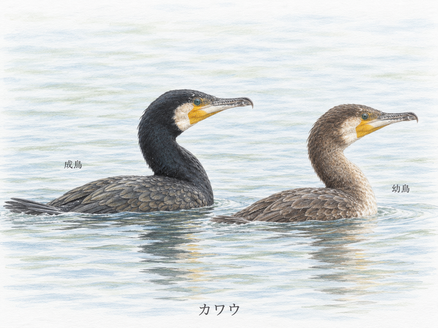 水面を泳ぐカワウの成鳥と幼鳥。成鳥は黒い首、幼鳥は茶褐色で胸が淡い