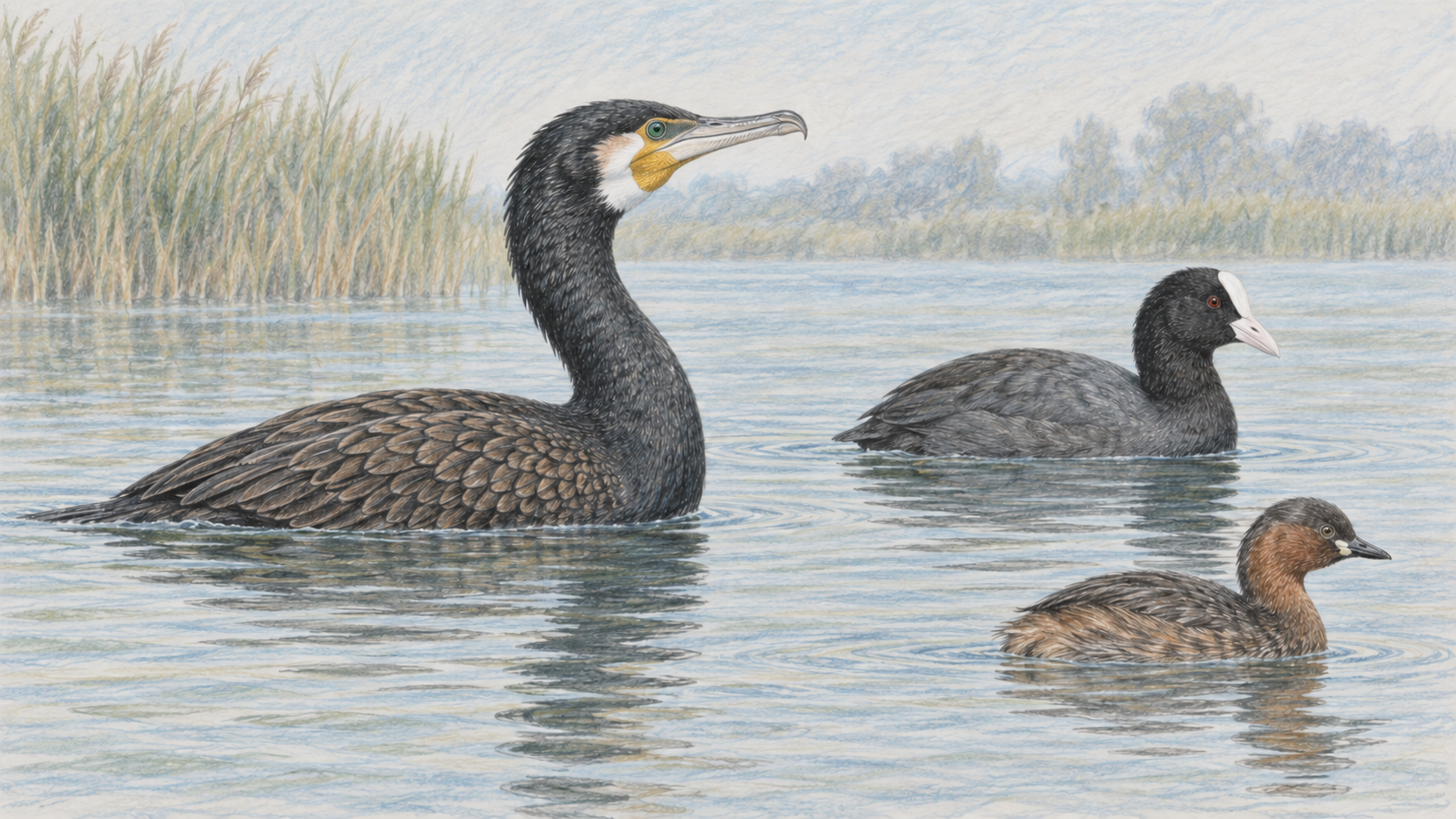 水面のカワウ、白いくちばしのオオバン、小さなカイツブリを比べる色鉛筆画