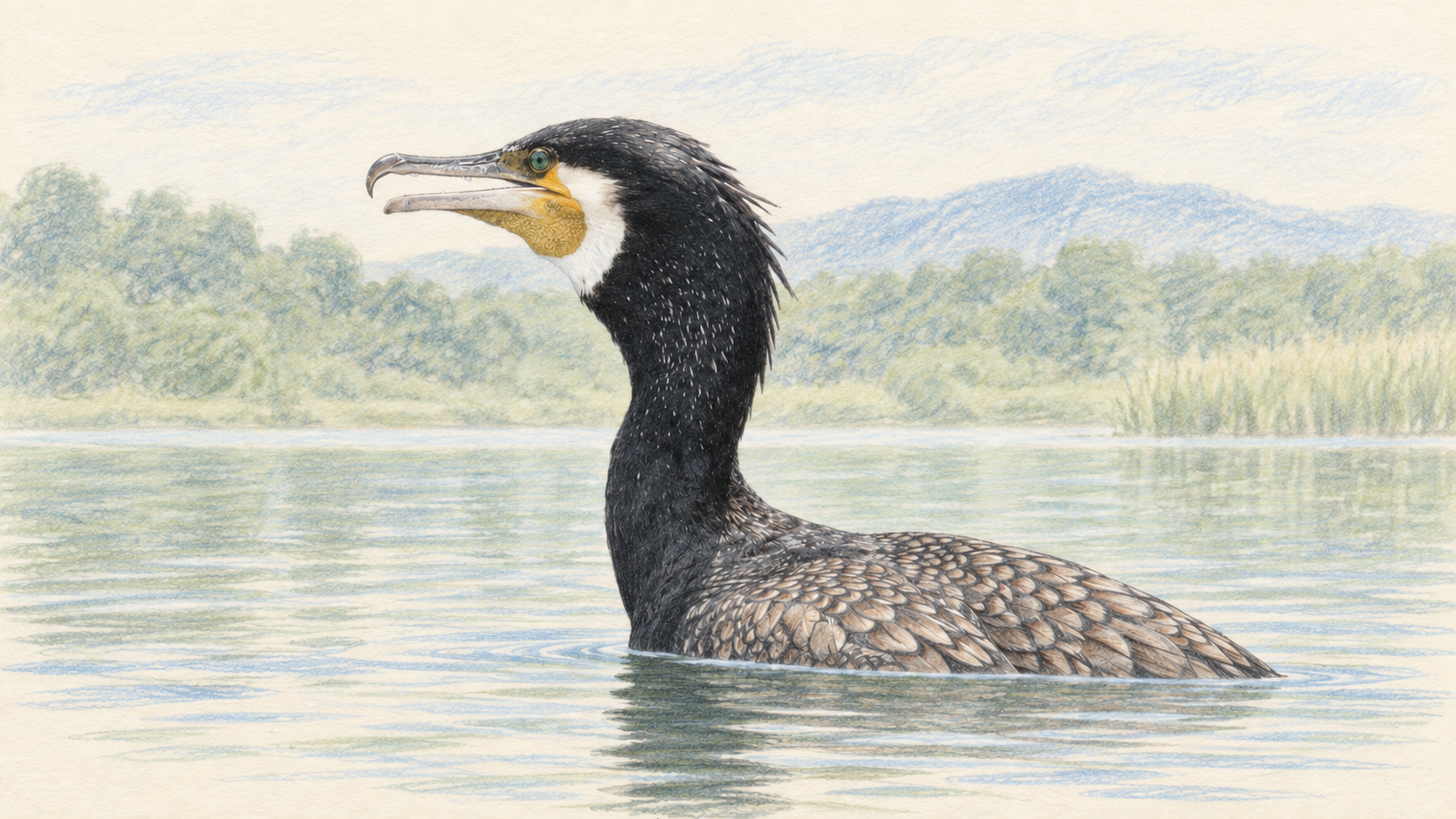 カワウ成鳥の色鉛筆画。黒い首、白い頬、黄色いくちばしの付け根と褐色の翼が見える