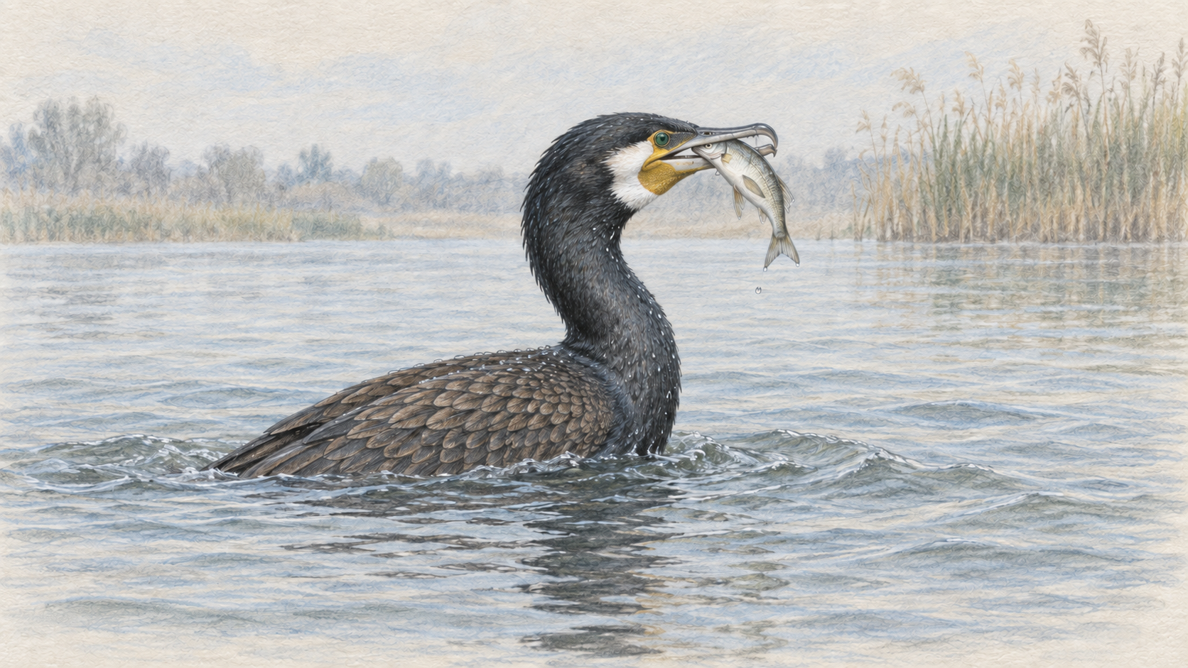 水中で捕った魚をくちばしにくわえたカワウの色鉛筆画
