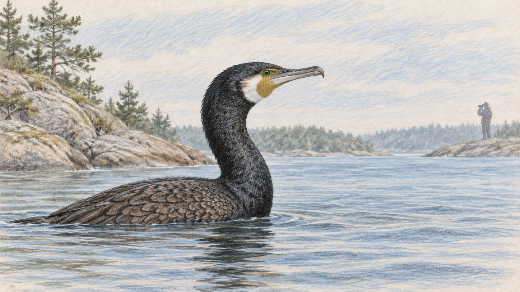 水面を泳ぐカワウの横顔と、遠くから双眼鏡で観察する人の色鉛筆画