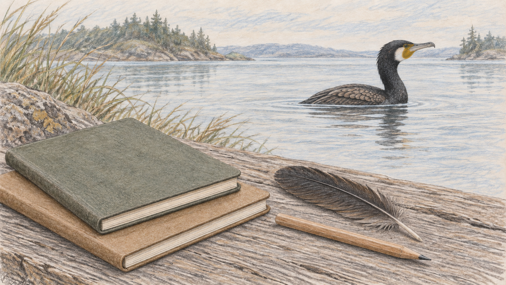 水辺のカワウ、無地の観察ノートと鉛筆を描いた淡い色鉛筆画