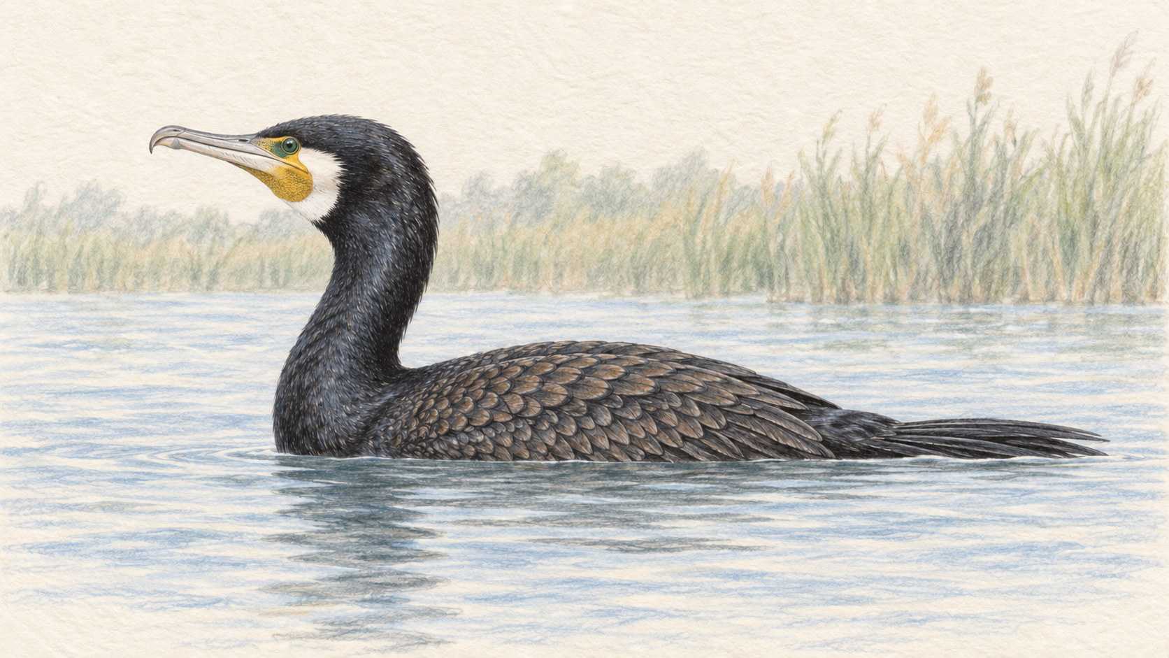 水面を泳ぐカワウ成鳥の全身。長い首、尾、鉤状のくちばしがわかる淡い色鉛筆画
