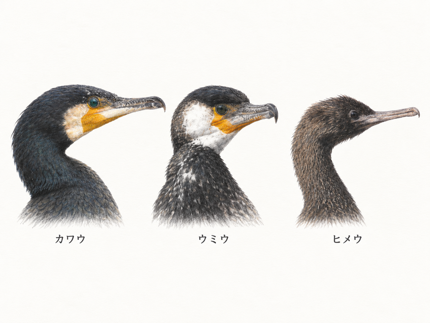 左からカワウ、ウミウ、ヒメウの顔を比べた色鉛筆画。各鳥の名前が記されている