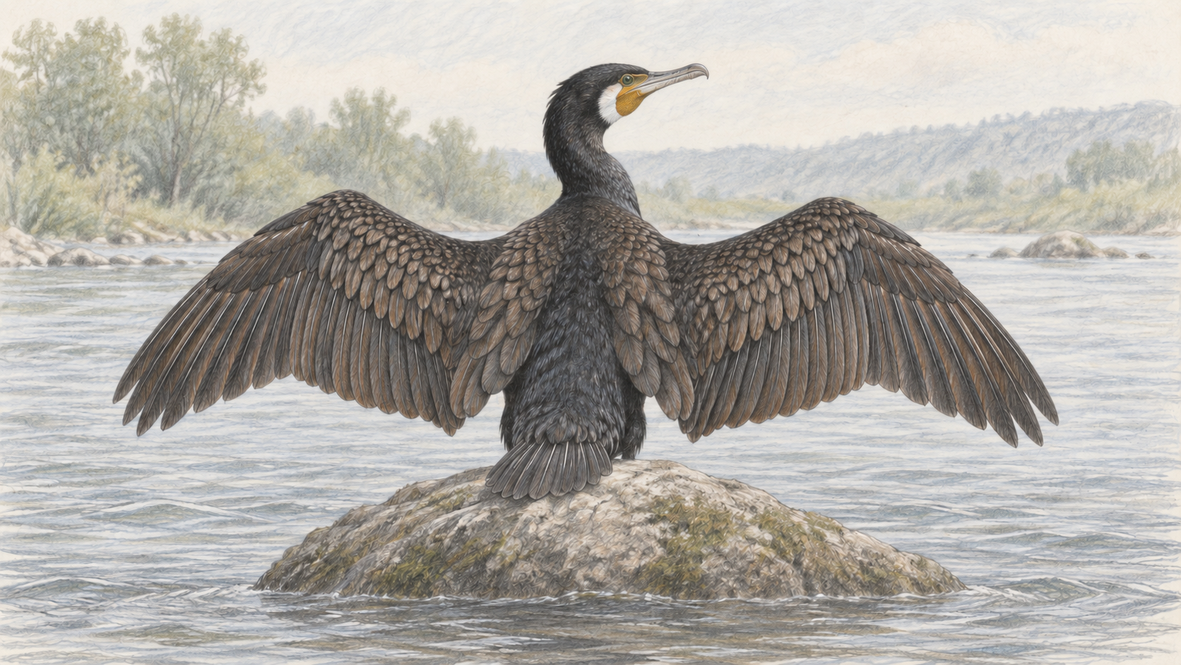 水辺の岩の上で左右の翼を広げて乾かすカワウの色鉛筆画