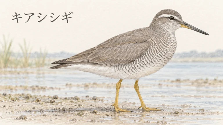 黄色い足と胸から脇の横じまが見える夏羽のキアシシギを描いた淡い色鉛筆画