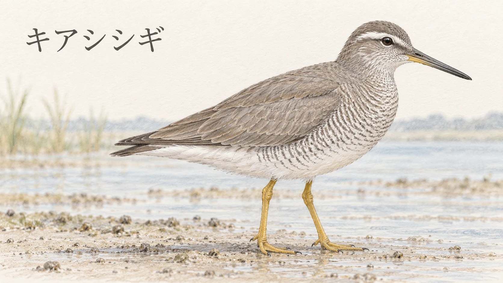 黄色い足と胸から脇の横じまが見える夏羽のキアシシギを描いた淡い色鉛筆画