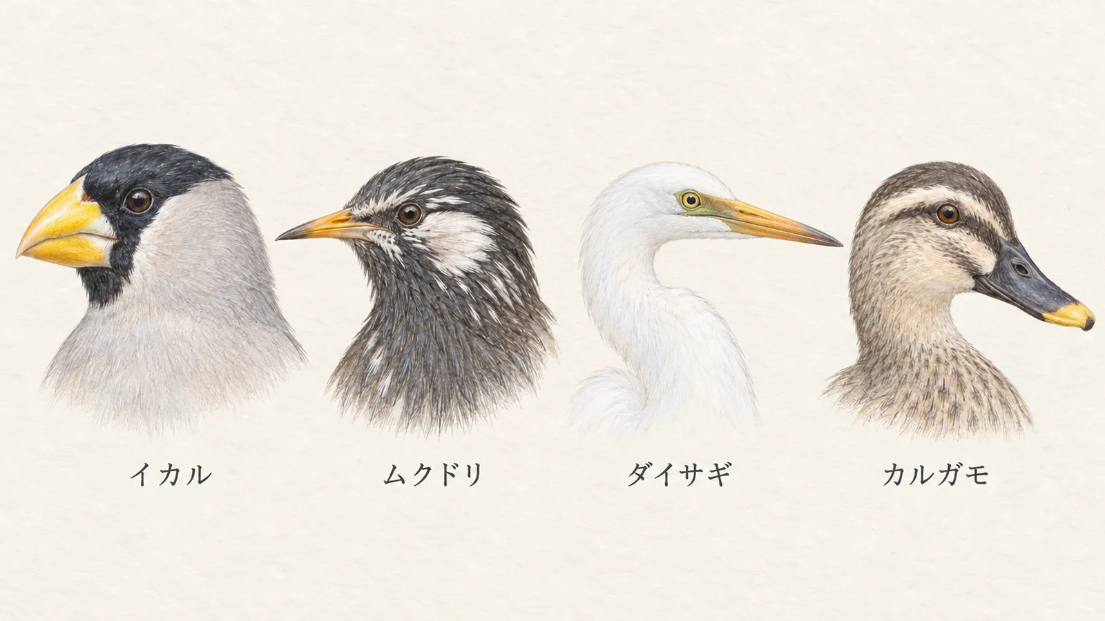 イカル、ムクドリ、ダイサギ、カルガモのくちばしの形と黄色い部分を比較した色鉛筆イラスト