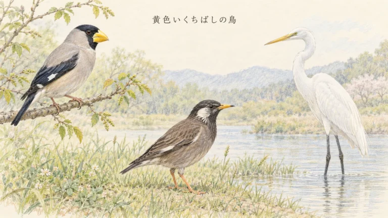 黄色いくちばしを持つイカル、ムクドリ、ダイサギ、カルガモを描いた色鉛筆イラスト