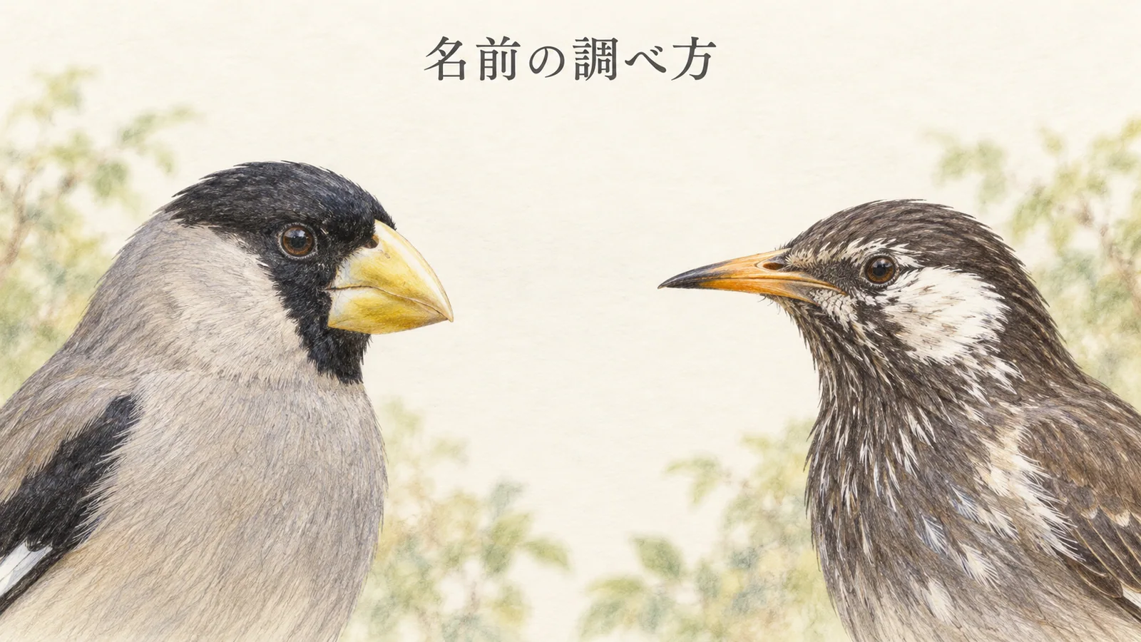 イカルとムクドリの横顔を並べ、くちばしと顔の模様を比べるイラスト