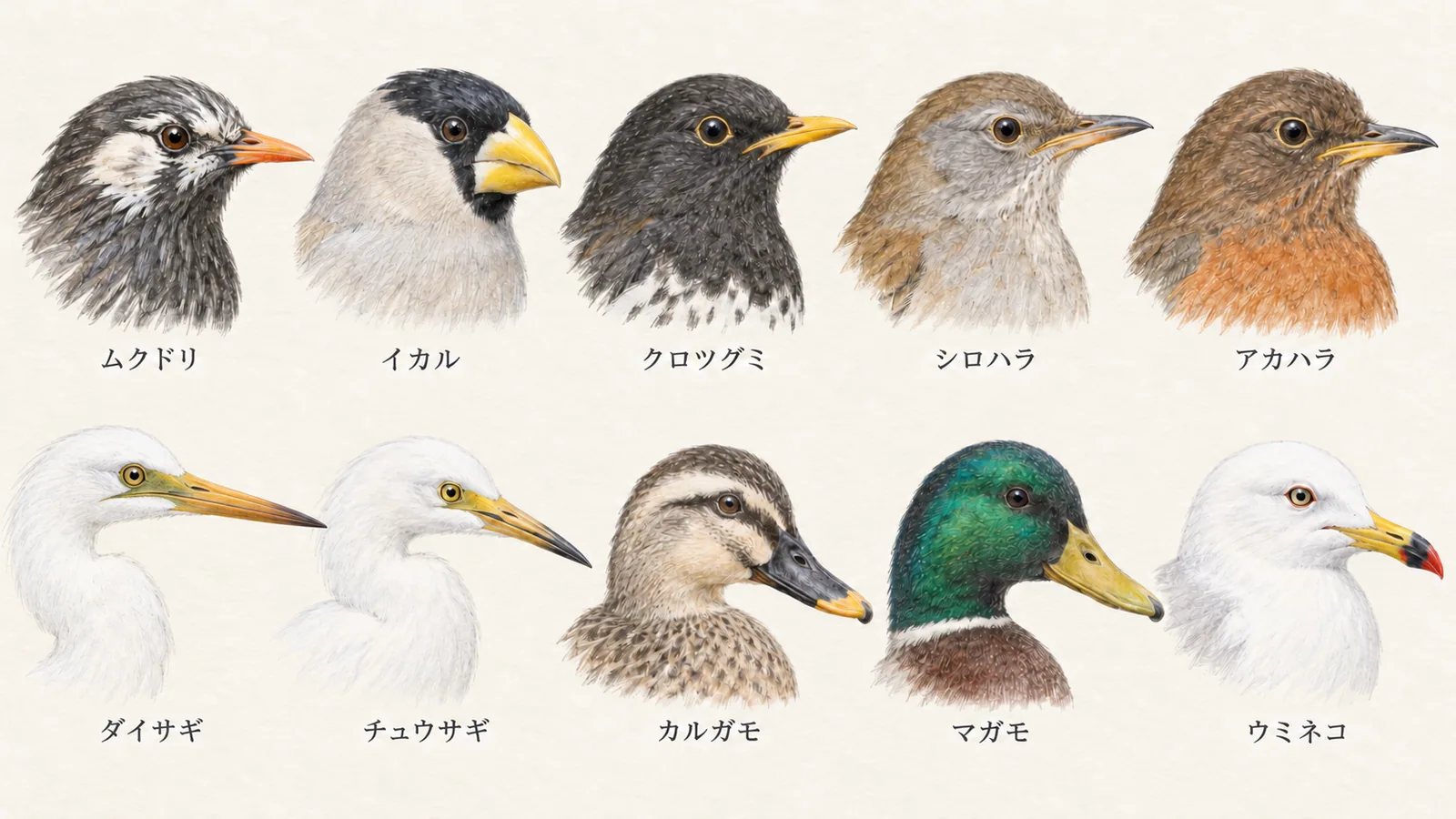 黄色いくちばしが見られる野鳥10種の顔と鳥名を並べた早見図