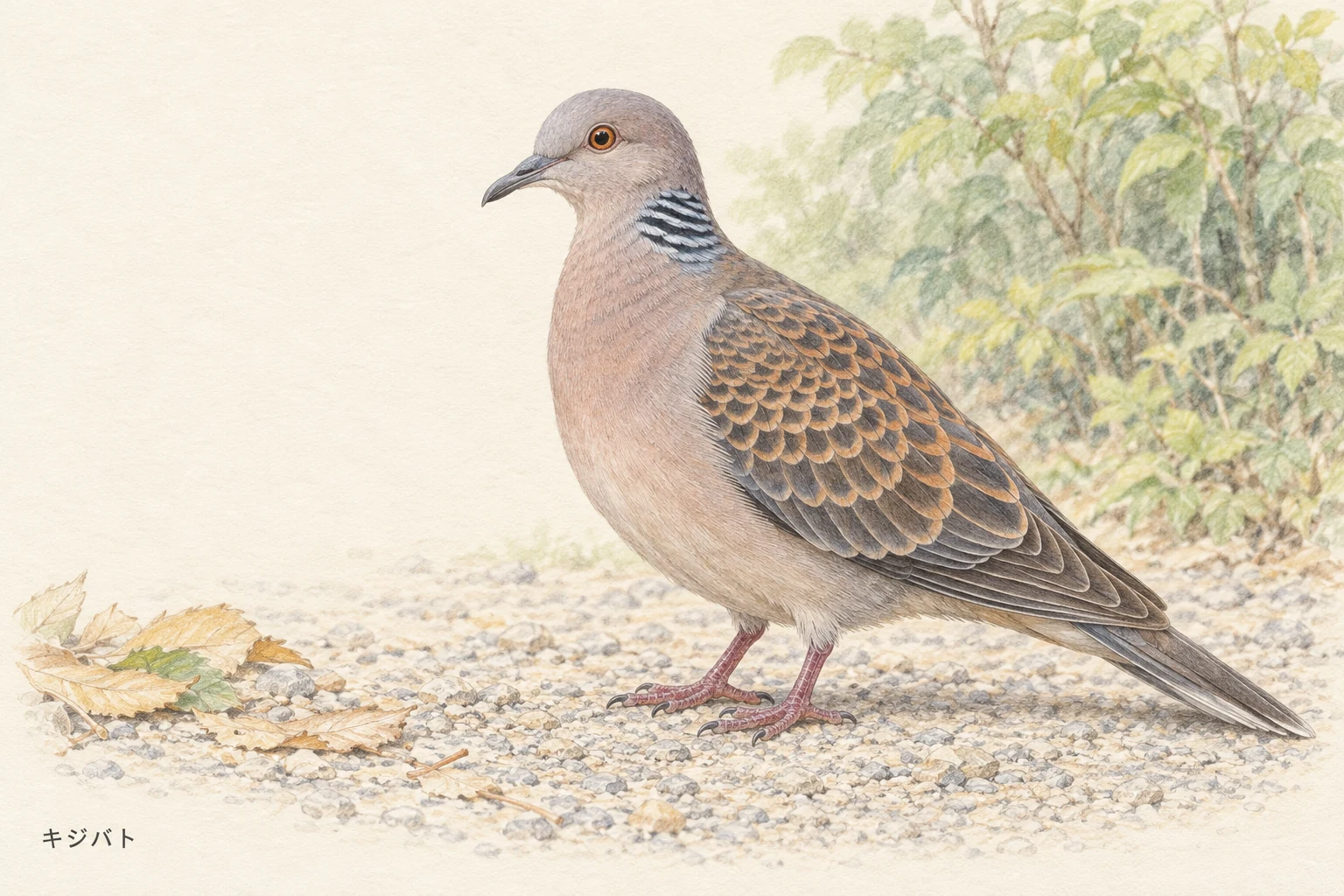 翼のうろこ模様と首のしま模様、赤紫色の脚が見えるキジバト