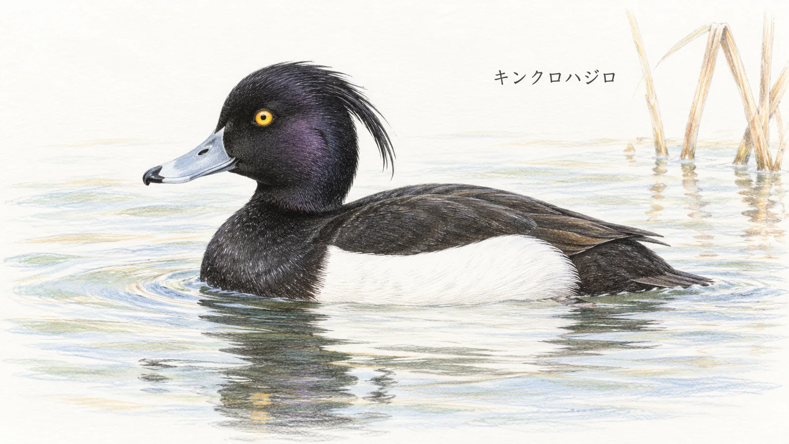 黄色い目、後頭部の冠羽、白い脇を持つキンクロハジロのオス