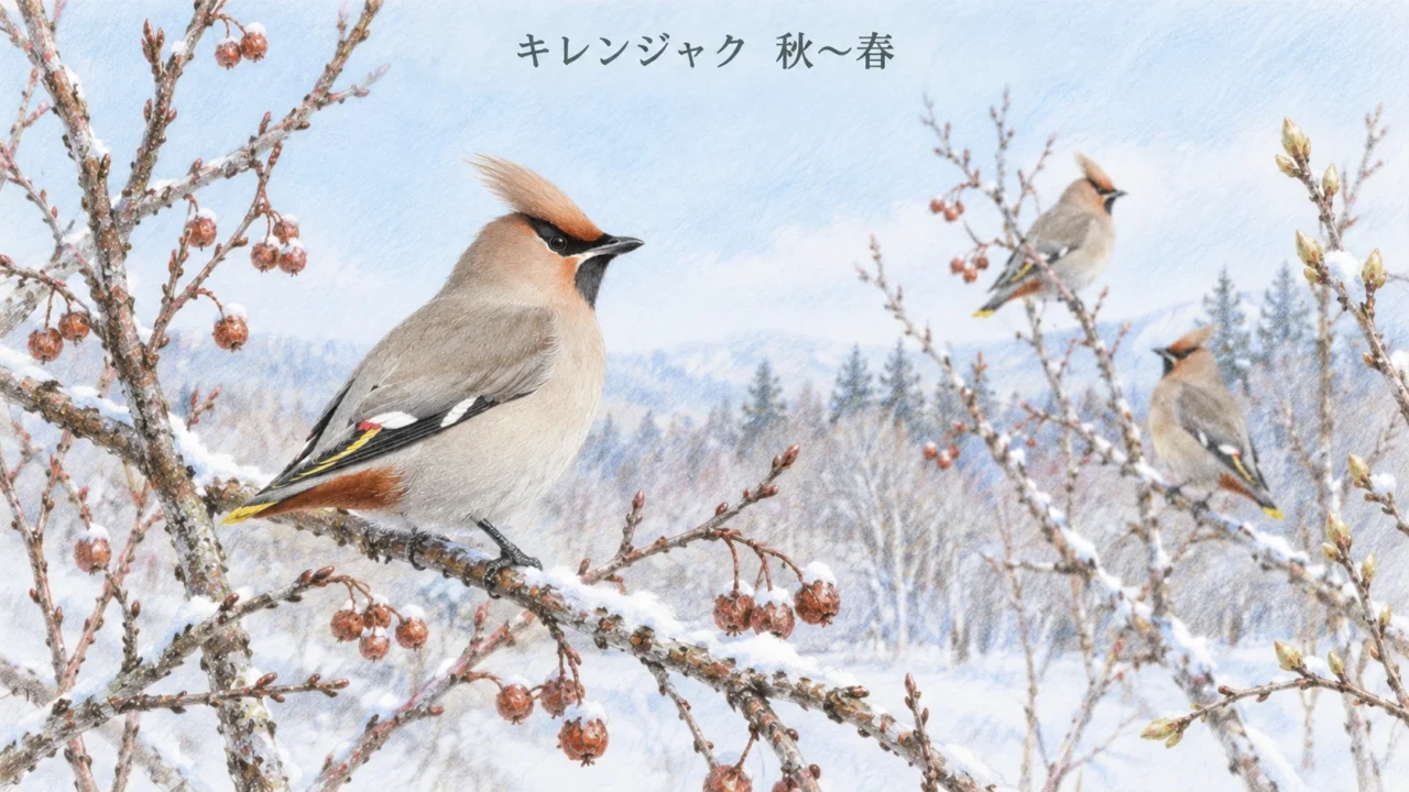 雪のある枝に止まるキレンジャクの小群と芽吹きを描いた色鉛筆イラスト