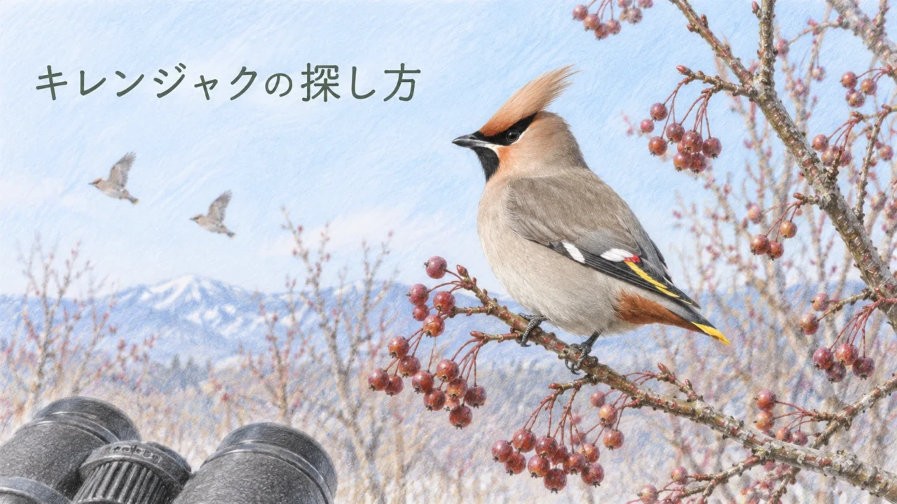 双眼鏡と実の残る木に止まるキレンジャクを描いた観察イメージのイラスト