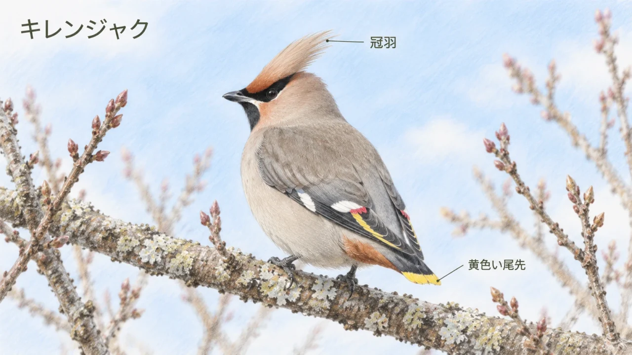 斜め後ろから見たキレンジャクの冠羽と黄色い尾先を示す色鉛筆イラスト