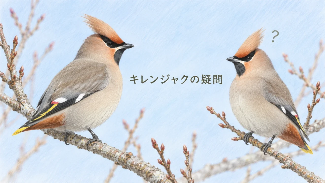横姿と斜め前向きで枝に止まる2羽のキレンジャクの色鉛筆イラスト