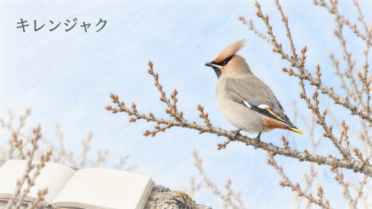 無地の野鳥観察ノートと枝に静かに止まるキレンジャクの色鉛筆イラスト
