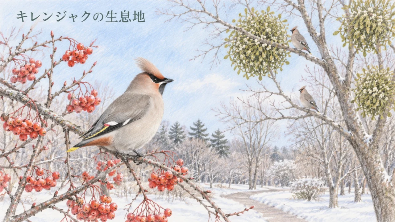 ナナカマドとヤドリギのある冬の公園に集まるキレンジャクの色鉛筆イラスト