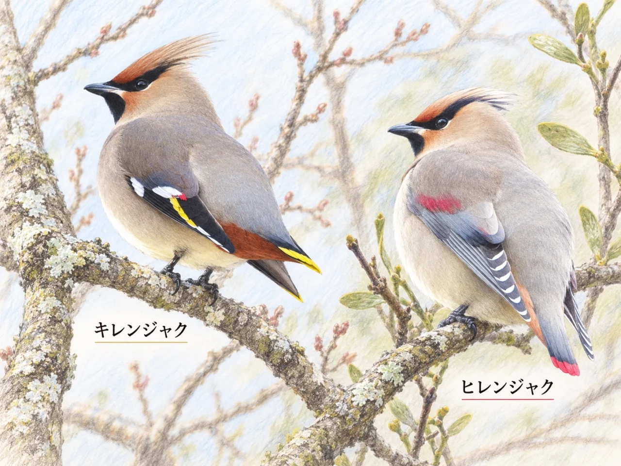 尾先が黄色いキレンジャクと赤いヒレンジャクを左右に比較した色鉛筆イラスト