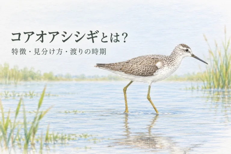 浅い湿地に立つコアオアシシギと記事名を配した淡い色鉛筆画