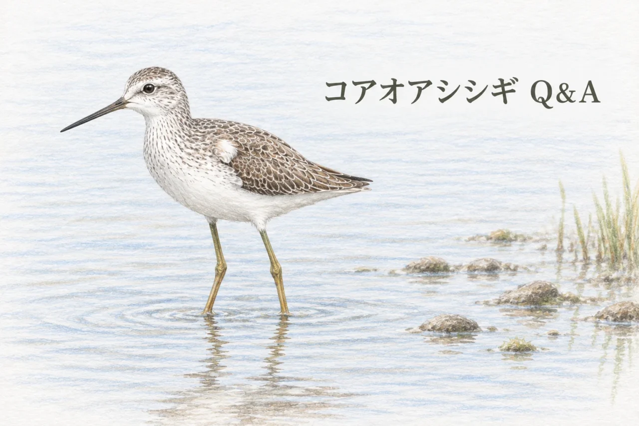 浅瀬で立ち止まり左を向くコアオアシシギとQ&Aの文字を配した色鉛筆画
